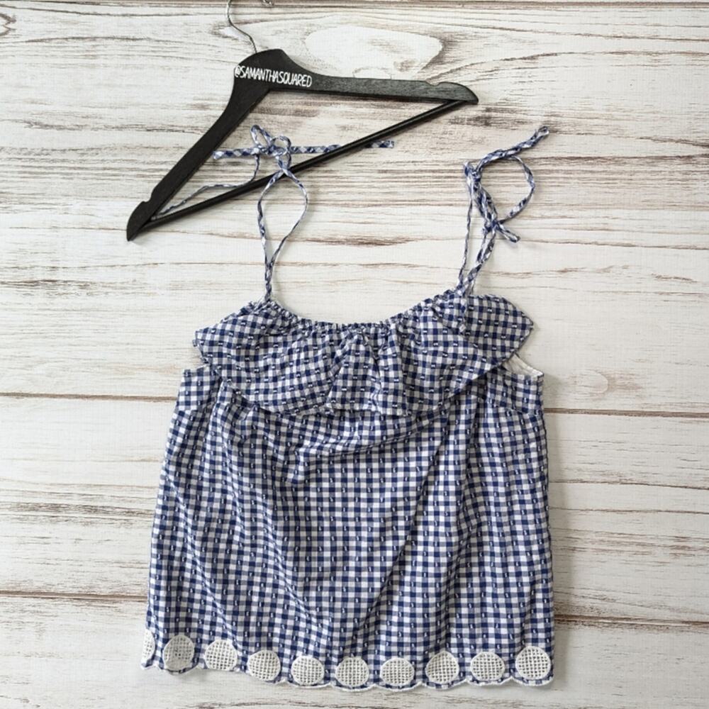 J Crew Blue and White Gingham Flutter Cami Top Sz 8